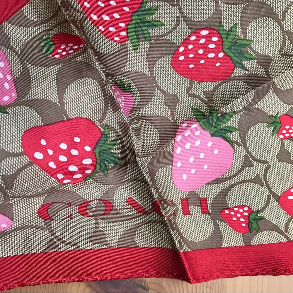 Coach Strawberry Print Silk Scarf in Red, Pink, Tan - Picture 4 of 8